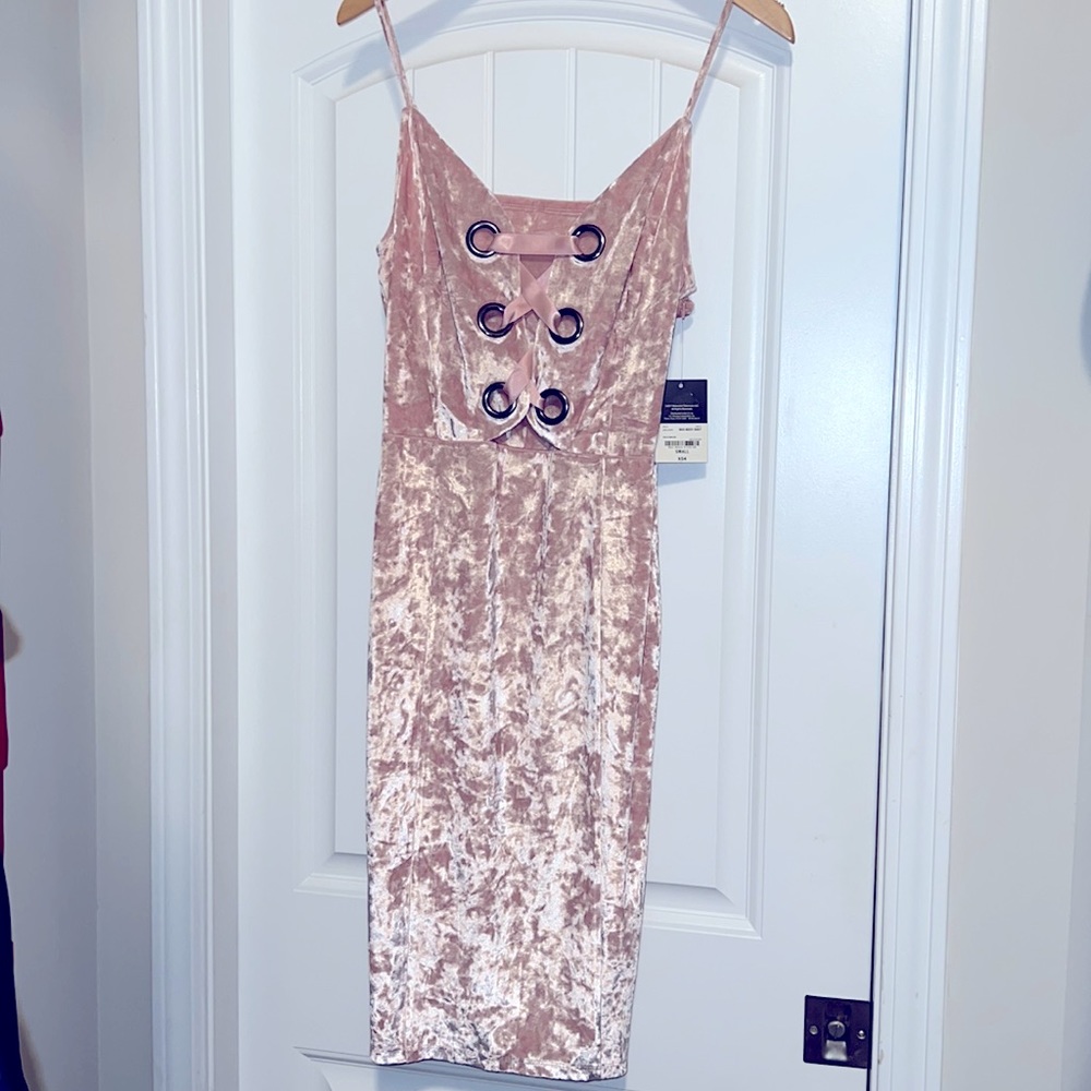Project Runway mauve, velvet, spaghetti strap, fitted summer dress.